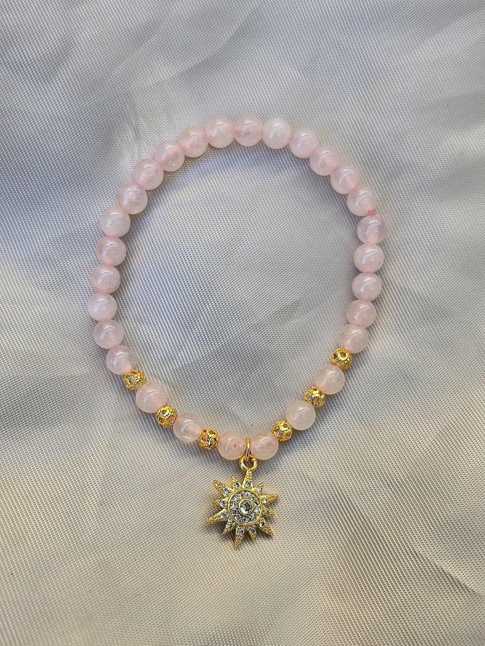 Delicate Rose Quartz Beaded Sun Charm Bracelet